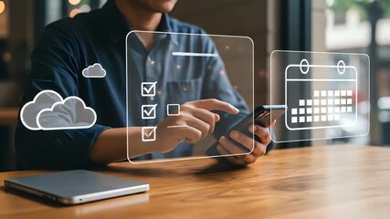 Person using smartphone with projected interface