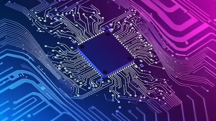 A close-up of a glowing microchip on a futuristic blue and purple circuit board