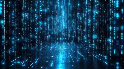Abstract blue digital binary code background with glowing lines and light effects.
