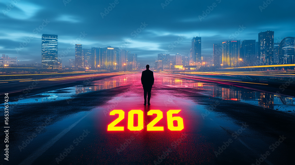 Road to 2026 with an empty road with written 2026 and person looking ...