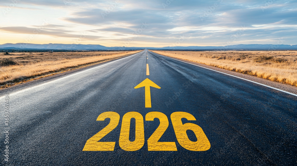 Road to 2026 with an empty road with written 2026 and arrow pointing ...