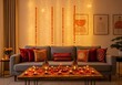 © Shafat - Photo of cozy diwali home setting with candles, flowers, and string lights creating a warm and festive atmosphere for celebrating the festival of lights