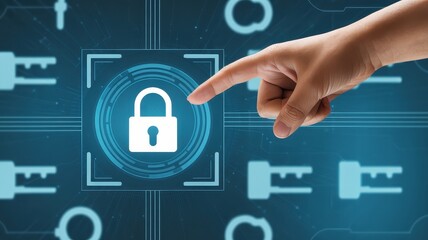 Hand touching a digital screen with a padlock icon representing data protection and cybersecurity measures for online safety