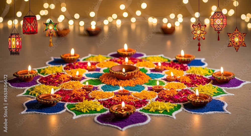 Led Rangoli Photo of vibrant diwali rangoli decoration with candles and lanterns, a ...