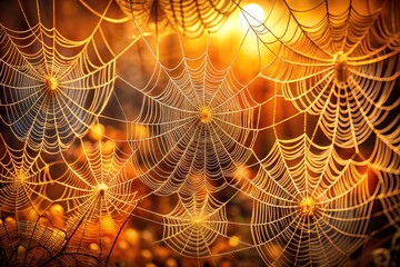 Intricate spiderwebs glistening in the morning light, creating a golden pattern
