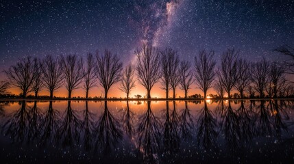 Wall Mural - A beautiful night sky with a large number of stars and a large body of water. The water is reflecting the stars and the sky, creating a serene and peaceful atmosphere