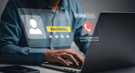 Person interacting with a laptop, focusing on a digital communication interface with a user profile and call features for connection and networking.