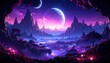 © Wahyu - Fantasy landscape with planets with mountains  neon purple sky.
