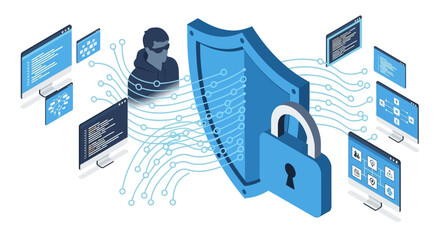 Hacker figure attempts to bypass a digital shield and padlock protecting computer network and data.