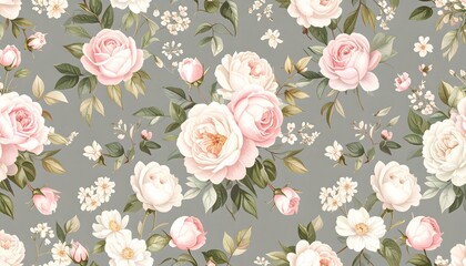  Watercolor floral pattern with pink roses, white blossoms, and green leaves on a gray background