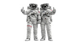 Two astronauts giving thumbs up, standing shoulder to shoulder, photorealistic suits, isolated on white