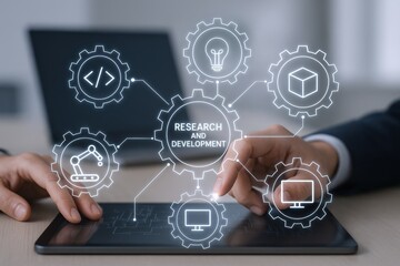 research and development on tablet with digital transformation icons representing future technology 