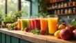 © Maryna - Bright indoor cafe counter vibrant display of colorful fresh juices in glasses. Various fruits like strawberries, lemons, apples arranged nearby, suggesting healthy, natural ingredients for