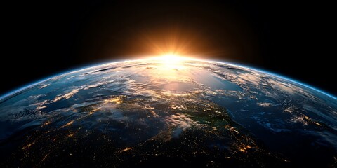 Wall Mural - A close up of the Earth with the sun rising over it.
