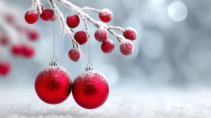Wall Mural - a red and white christmas tree with two red ornaments hanging from a branch. the snow on the tree an