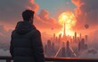 © yang - futuristic man watching the city being blown up from above, digital art style, illustration painting. High quality