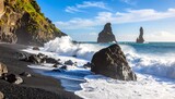 Dynamic forces of nature showcase a captivating coastal drama as powerful ocean waves relentlessly crash against ancient, jagged rock formations on a black sand beach under a dramatic sky