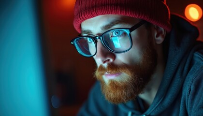 Bearded man in red hat, goggles intensely focused on computer screen at night. Represents programmer, hacker, coder working on software development cyber security. Low light indoor setting with blue