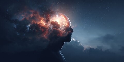Wall Mural - Human silhouette with glowing brain and cosmic background with stars and nebulas around the head.