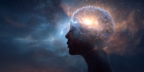Wall Mural - Human silhouette with glowing brain and cosmic background with stars and nebulas around the head.
