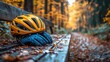 © photolas - A blue cycling helmet and gloves rest on a weathered wooden bench, hinting at an outdoor adventure waiting in a tranquil park surrounded by nature after rain.