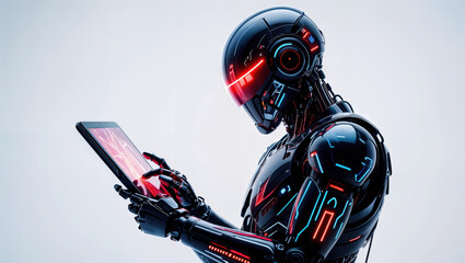 Futuristic robot using digital tablet with red glowing display