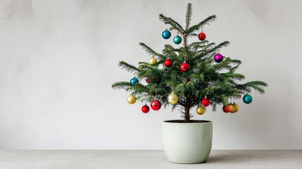 Wall Mural - small christmas tree with many ornaments hanging from it. the tree is in a pot and is placed on a ta