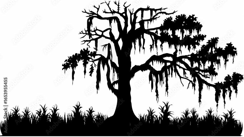 Silhouette of a large tree with hanging moss and tall grass against a ...