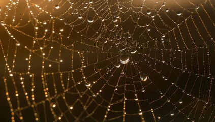 DewKissed Spiderweb. A Golden Tapestry of Natures Intricate Design and Morning Light.