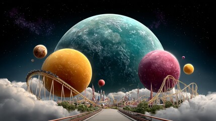 Wall Mural - Colorful planet with a roller coaster in the background. The roller coaster is surrounded by a bunch of colorful balloons