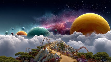 Wall Mural - Colorful sky with a path leading to a mountain. The sky is filled with many different colored planets, and the path is surrounded by rocks and flowers