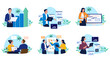 © Knut - Collection of business and office illustrations showcasing professional people working on laptops, analysing data, collaborating, and brainstorming ideas in a corporate environment, flat design style