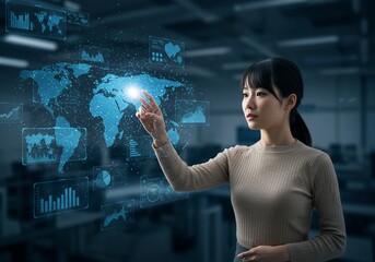 Asian woman interacts with holographic world map and data visualizations in modern office