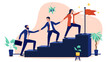 © Knut - A business team of people climbing a staircase, helping each other to reach the top where a flag and a star symbolise business success, achievement, and growth, flat design vector illustration