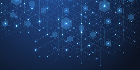 Wall Mural - abstract digital blockchain cube blocks concept. 3d big data cubes quantum computer technology idea.