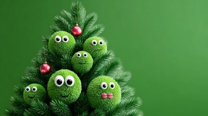 Wall Mural - green christmas tree with green balls on it that have eyes and a red ornament on top. the balls are 