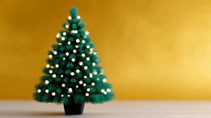 Wall Mural - christmas tree with lights on it is sitting on a table. the tree is green and has a black pot undern