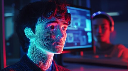 Wall Mural - A digital portrait of a young person immersed in technology. The visual displays artificial intelligence concepts. An insightful look into modern innovation. Generative AI