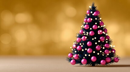 Wall Mural - christmas tree with pink balls on it. the tree is lit up and the background is a gold color