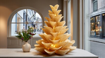 Wall Mural - large tree made of tortilla chips is lit up and sits on a table next to a vase of flowers