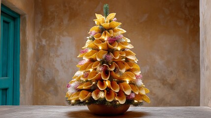 Wall Mural - tree made of yellow flowers is lit up and placed on a table. scene is warm and inviting, as the tree