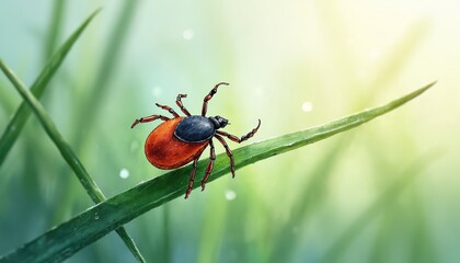 Macro watercolor illustration captures tick on green grass blade in soft morning light. Serene nature scene details delicate arachnid in peaceful, calm environment, wildlife beauty, organic detail.