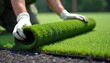 © Maryna - Hands in gloves unroll vibrant artificial turf. Green synthetic grass installation for sports field or yard. Detailed view of material, showcasing careful work and landscaping technology.
