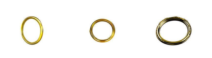 Three golden oval frames with ornate and smooth finishes displayed against a black background, cut out transparent