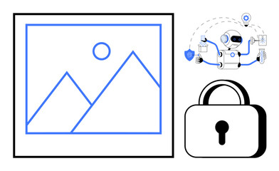 Wall Mural - ai robot managing data connections, encryption, and digital assets. landscape image, padlock symboli