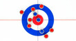 © Image Archives - Strategic placement of red and blue curling stones in the house during a competitive winter sports match, viewed from above