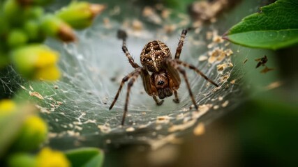 Close-up of a spider on its web, amidst green foliage and yellow buds.  The spider's cephalothorax displays intricate markings, and the web is speckled with debris