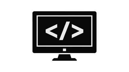 A black and white illustration of a computer monitor displaying html coding symbols on the screen