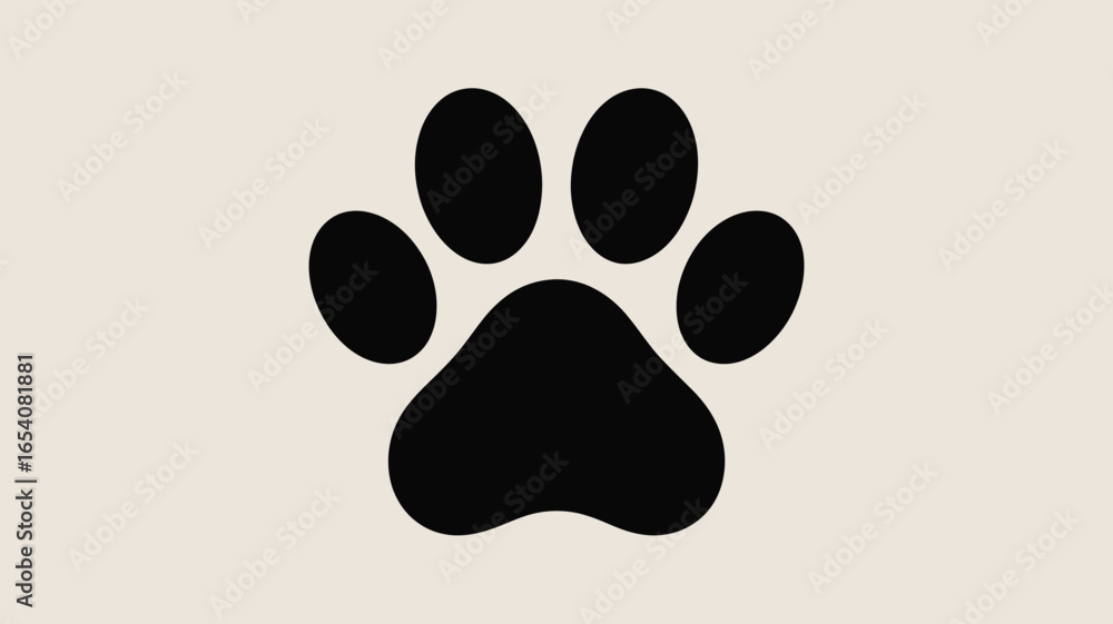 A simple graphic of a black paw print with four toes against a cream ...