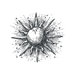 Wall Mural - Sun with starburst rays and scattered dots in vintage engraving style